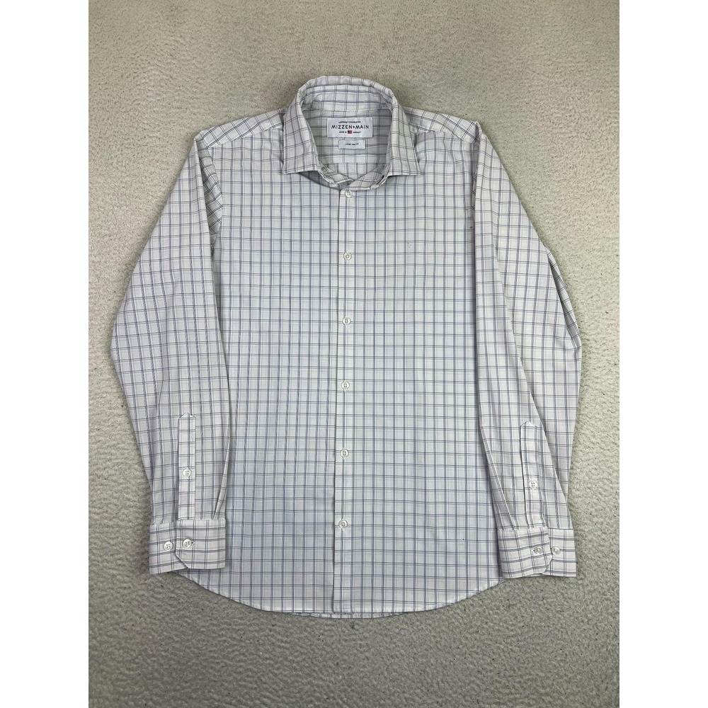 Mizzen+Main‎ Leeward Dress Shirt Mens Large Blue Check Stretch Trim Fit Made USA